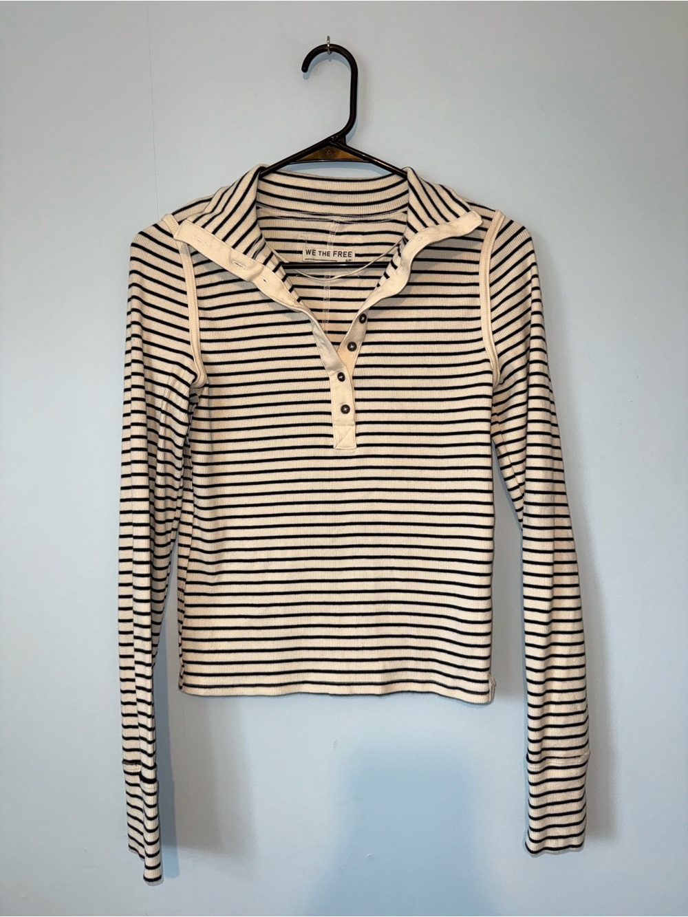 We The Free Cream and Black Striped Hooded Henley Sweatshirt